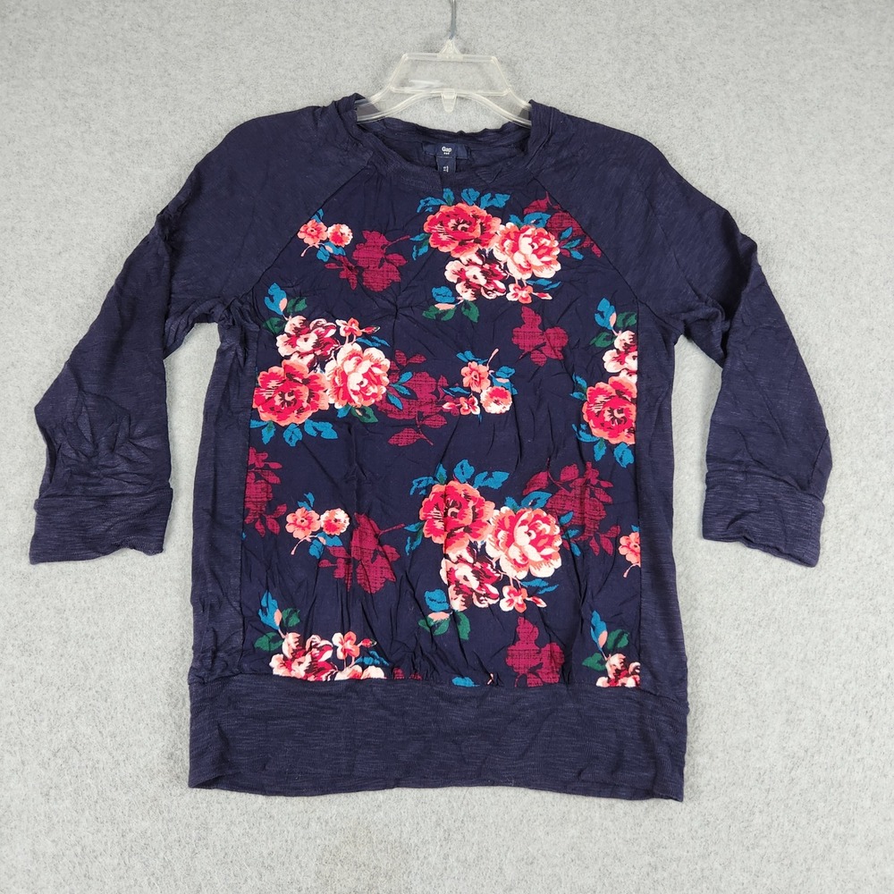 Gap Top Women XS Navy Blue Floral Print Stretchy Slub Knit Crew Neck Pullover